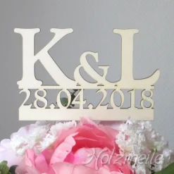 Blumen- / Tortenstecker Initialen & Datum aus Holz, Caketopper, Tortentopper, Blumenstecker, Blumengesteck