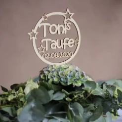Blumen- / Tortenstecker Taufe Sternenkreis mit Name und Datum aus Holz, Caketopper, Tortentopper, Blumenstecker, Blumengesteck, Schriftzug