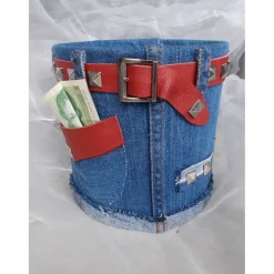 Blumentopf Übertopf Tischeimer Geldgeschenk  HOT JEANS Jeans + echt Leder rot blau