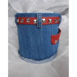 Blumentopf Übertopf Tischeimer Geldgeschenk  HOT JEANS Jeans + echt Leder rot blau