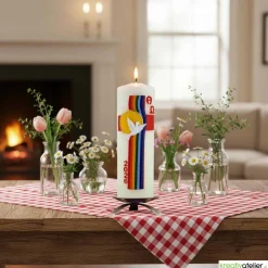 Bogen des Friedens – Handverzierte Osterkerze mit Taube, Regenbogen & Alpha/Omega, christliches Symbol für Frieden