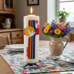 Bogen des Friedens – Handverzierte Osterkerze mit Taube, Regenbogen & Alpha/Omega, christliches Symbol für Frieden