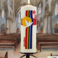 Bogen des Friedens – Handverzierte Osterkerze mit Taube, Regenbogen & Alpha/Omega, christliches Symbol für Frieden