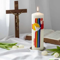 Bogen des Friedens – Handverzierte Osterkerze mit Taube, Regenbogen & Alpha/Omega, christliches Symbol für Frieden