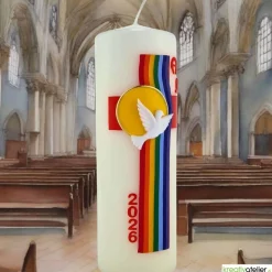 Bogen des Friedens – Handverzierte Osterkerze mit Taube, Regenbogen & Alpha/Omega, christliches Symbol für Frieden