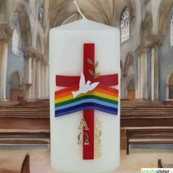 Bote des Friedens – Handverzierte christliche Osterkerze mit Taube, Regenbogen, rotem Kreuz & Alpha/Omega