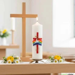 Bote des Friedens – Handverzierte christliche Osterkerze mit Taube, Regenbogen, rotem Kreuz & Alpha/Omega