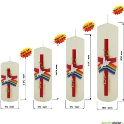 Bote des Friedens – Handverzierte christliche Osterkerze mit Taube, Regenbogen, rotem Kreuz & Alpha/Omega