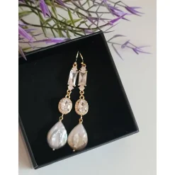 Braut Ohrringe Lang Hochzeitschmuck Süßwasserperlen mit Zirkonia Vergoldete Hochzeit Schmuck