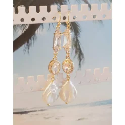 Braut Ohrringe Lang Hochzeitschmuck Süßwasserperlen mit Zirkonia Vergoldete Hochzeit Schmuck