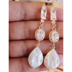 Braut Ohrringe Lang Hochzeitschmuck Süßwasserperlen mit Zirkonia Vergoldete Hochzeit Schmuck