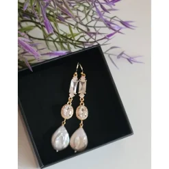 Braut Ohrringe Lang Hochzeitschmuck Süßwasserperlen mit Zirkonia Vergoldete Hochzeit Schmuck