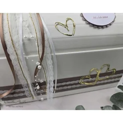 Briefbox Truhe BRAUN-GOLD mit modernen Herzen und Perlen - Hochzeit Kartenbox