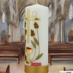 Brot des Lebens – Handgefertigte Osterkerze mit Kreuz, Ähren, Kelch, Alpha & Omega und aktueller Jahreszahl
