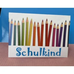 Bunte Grußkarte, Schulanfang, Handarbeit mit Umschlag