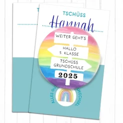 Button „Tschüss Grundschule 2026 – Hallo 5. Klasse“ | Regenbogen-Design | 38mm & 59mm | Geschenk Schulwechsel & Abschied