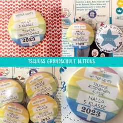 Button „Tschüss Grundschule 2026 – Hallo 5. Klasse“ | Regenbogen-Design | 38mm & 59mm | Geschenk Schulwechsel & Abschied