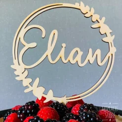 Cake Topper Holz Eukalyptus "Name", personalisiert, rund, Geburtstag/Einschulung/Taufe/Hochzeit