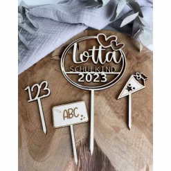 Cake Topper Schulkind Set / Caketopper ABC 123 Schultüte aus Holz / Kuchenstecker Einschulung