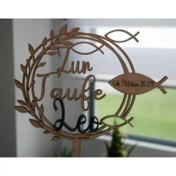 Cake Topper zur Taufe personalisiert mit Namen und Datum aus Holz