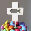 Caketopper für Muffins Kreuz mit Fisch Ichtys aus Holz