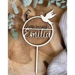 Caketopper zur Taufe mit Namen / Kuchendeko personalisiert mit Taube / Cake Topper Kommunion Konfirmation