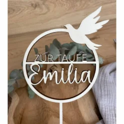 Caketopper zur Taufe mit Namen / Kuchendeko personalisiert mit Taube / Cake Topper Kommunion Konfirmation