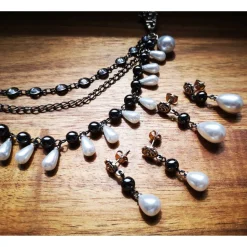 Charivari , Kette, Ohrringe fürs Dirndl, Dirnd- Schmuck, Hämatit und Perlen