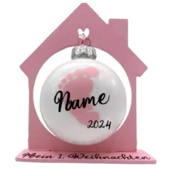 Christbaumkugelkugel aus Glas Mein 1. Weihnachten mit Namen und Kugelhalter Haus