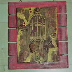 Collage Acrylbild BIRDCAGE im angesagten Shabby Stil  auf einem Holzobjekt gestaltet Steampunk Malerei Holzbild