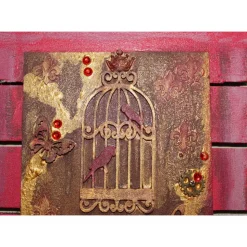 Collage Acrylbild BIRDCAGE im angesagten Shabby Stil  auf einem Holzobjekt gestaltet Steampunk Malerei Holzbild