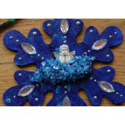 Collage BLAUER ENGELSZAUBER Schutzengel Wanddeko  auf einer Holz-Schneeflocke  Türdeko Anhänger Engel Handarbeit