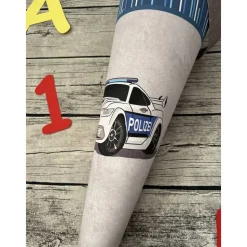coole Schultüte aus Stoff in Blau und Grau mit Polizeiauto