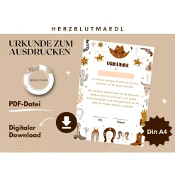 Cowboy Urkunde als Mitgebsel für den Kindergeburtstag oder für Fasching | Geschenktüte für Kinder | Wild West Party