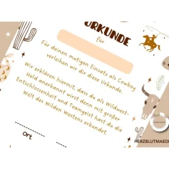 Cowboy Urkunde als Mitgebsel für den Kindergeburtstag oder für Fasching | Geschenktüte für Kinder | Wild West Party