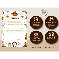 Cowboy Urkunde als Mitgebsel für den Kindergeburtstag oder für Fasching | Geschenktüte für Kinder | Wild West Party