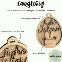 3D Anhänger für Ostern aus Holz in Osterhasenform personalisiert mit Name als kleines Geschenk, Holzanhänger Ostern