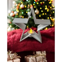3D Deko Stern Windlicht 20 cm – Modern Weihnachtsstern Tischdeko | LED Teelicht | Gold Silber Weiß | Geschenkidee
