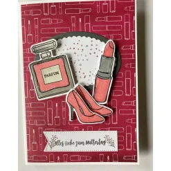 3D Muttertagskarte mit Parfüm,Lippenstift und High Heels, gefertigt in Handarbeit mit Stampin'Up Materialien Unikat
