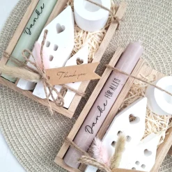 Danke Kerzenset kleines Dankeschön Danke für alles mit Häuser / Lichthäuser Kerzenhalter rund Stabkerze Schriftzug mit H