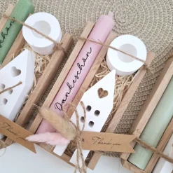 Danke Kerzenset kleines Dankeschön Danke für alles mit Haus / Lichthaus Kerzenhalter rund Stabkerze Schriftzug mit Holzb