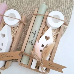 Danke Kerzenset kleines Dankeschön Danke für alles mit Haus / Lichthaus Kerzenhalter rund Stabkerze Schriftzug mit Holzb