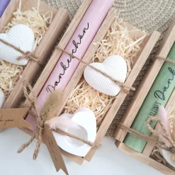 Danke Kerzenset kleines Dankeschön Danke für alles Dekoherz Kerzenhalter Herz Geschenkset Stabkerze Schriftzug mit Holzb