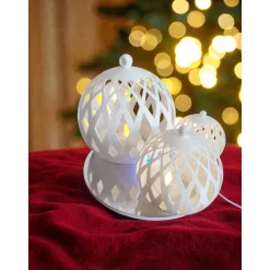 3D-Druck LED Windlicht Kugel – Modernes Rauten-Design – Set oder Einzeln – 10cm, 12,5cm, 15cm –Weißes Stimmungslicht aus