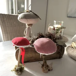 Deko Pilze 3er Set aus Leinen und Treibholz – Handgemachte Herbstdeko im Landhausstil