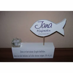 Deko zur Kommunion , Konfirmation, Taufe Fisch auf Holzblock mit Teelichthalter