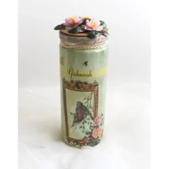 Dekoglas mit Banderole "Glückwunsch" und Stoffblumendeko