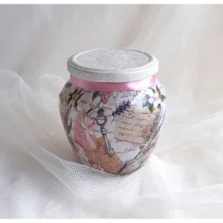 Dekoglas (Nr. 2) bauchig mit Banderole, rosa-weiß