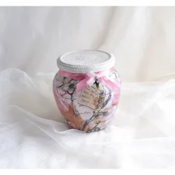 Dekoglas (Nr. 2) bauchig mit Banderole, rosa-weiß