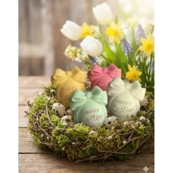 Dekorative Happy Easter Kerze mit Schleife, handgegossen in Frühlingsfarben für deine Osterdeko